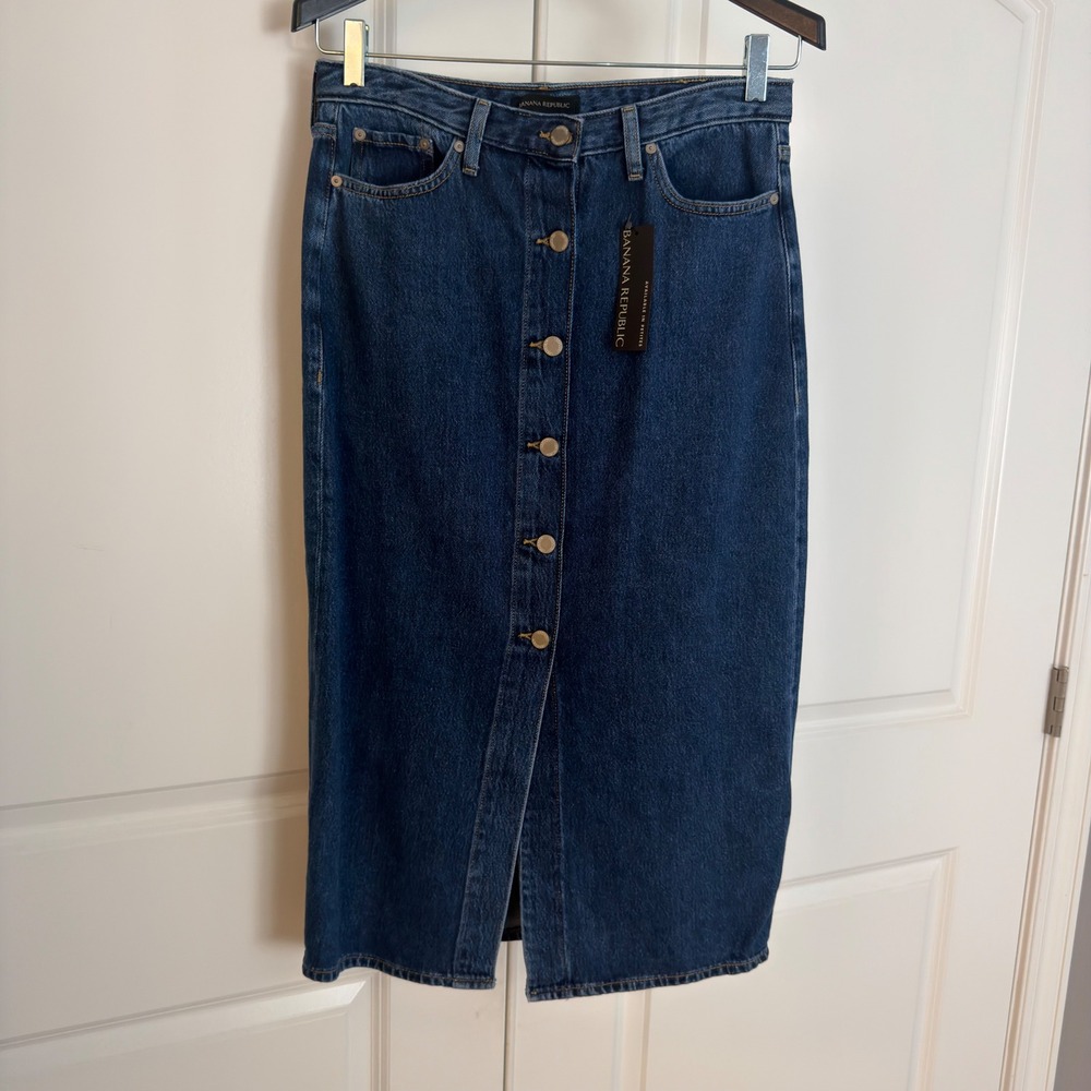 Banana Republic Womens Button Front Denim Midi Skirt Dark Wash Blue Size 8 NWT